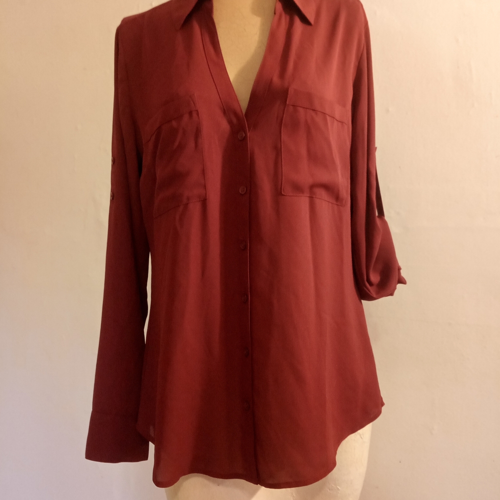 Express Burgundy Button-Front Long Sleeve Shirt